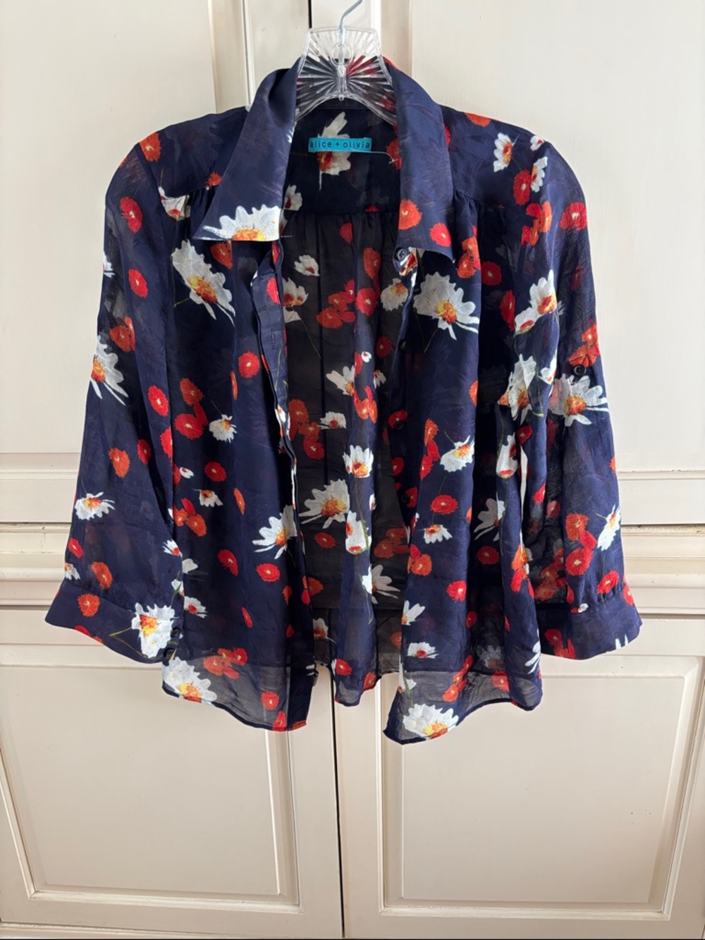 Alice + Olivia Navy Floral Sheer Button-Front Blouse with Red and White Blooms